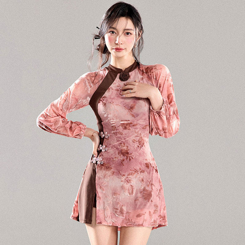 原创新中式复古泳衣女 高级感古典印花旗袍高领纱料长袖连体裙式