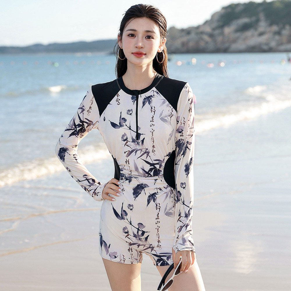 印花长袖平角连体泳衣女运动冲浪浮潜水可套手指防晒遮手臂不露背