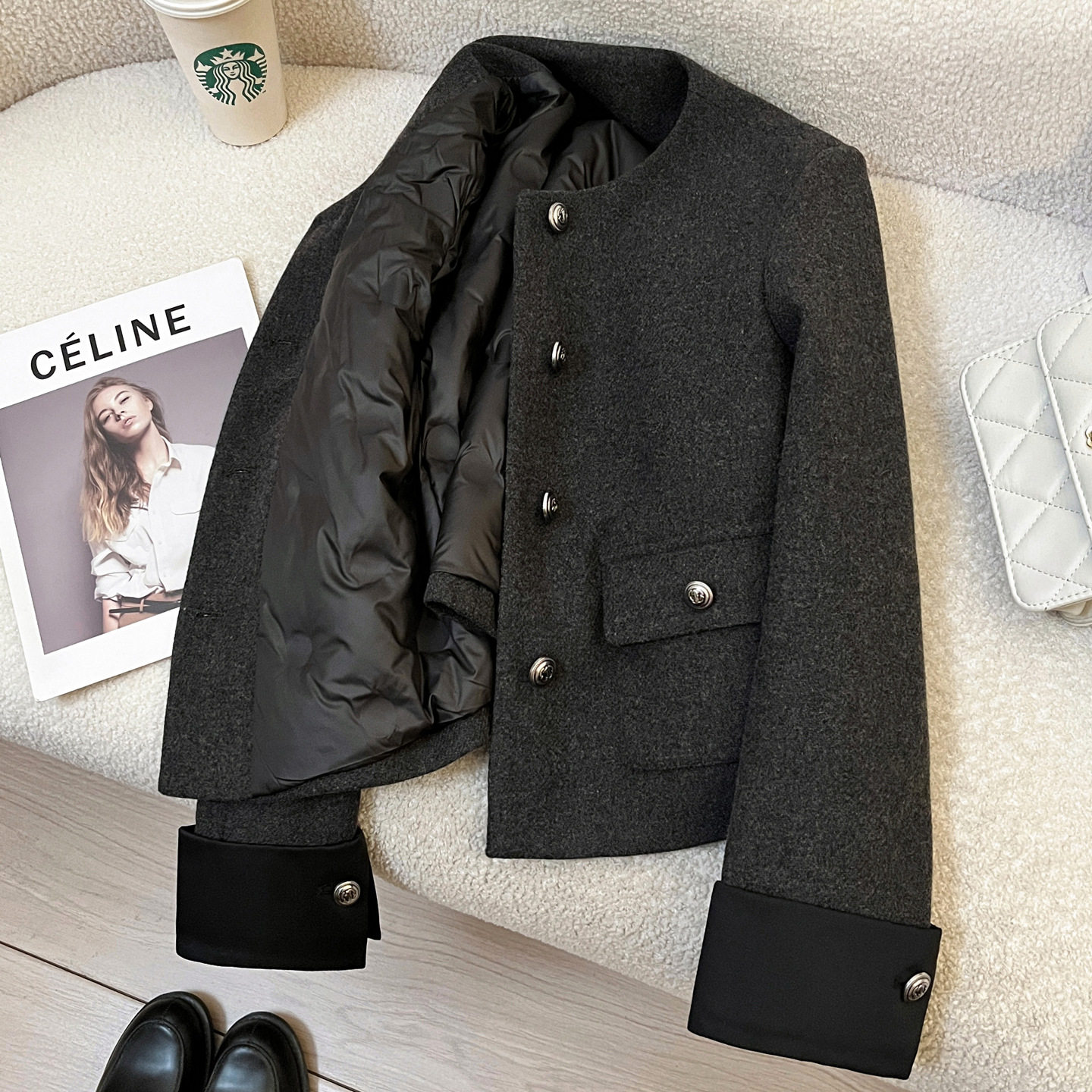 灰色复古90白鸭绒气质小香风羽绒服外套女2025冬季新款韩版小个子