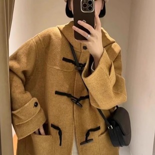 连帽双面羊毛大衣 中长款宽松阔型加厚保暖大口袋羊毛绒双面外套