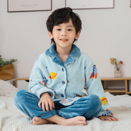 秋冬季儿童长袖套装女童男童法兰绒睡衣加厚冬款女孩珊瑚绒