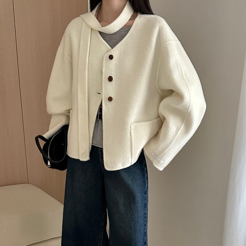 工厂直销小围巾双面羊毛大衣设计师款羊驼绒v领时尚女装毛呢外套