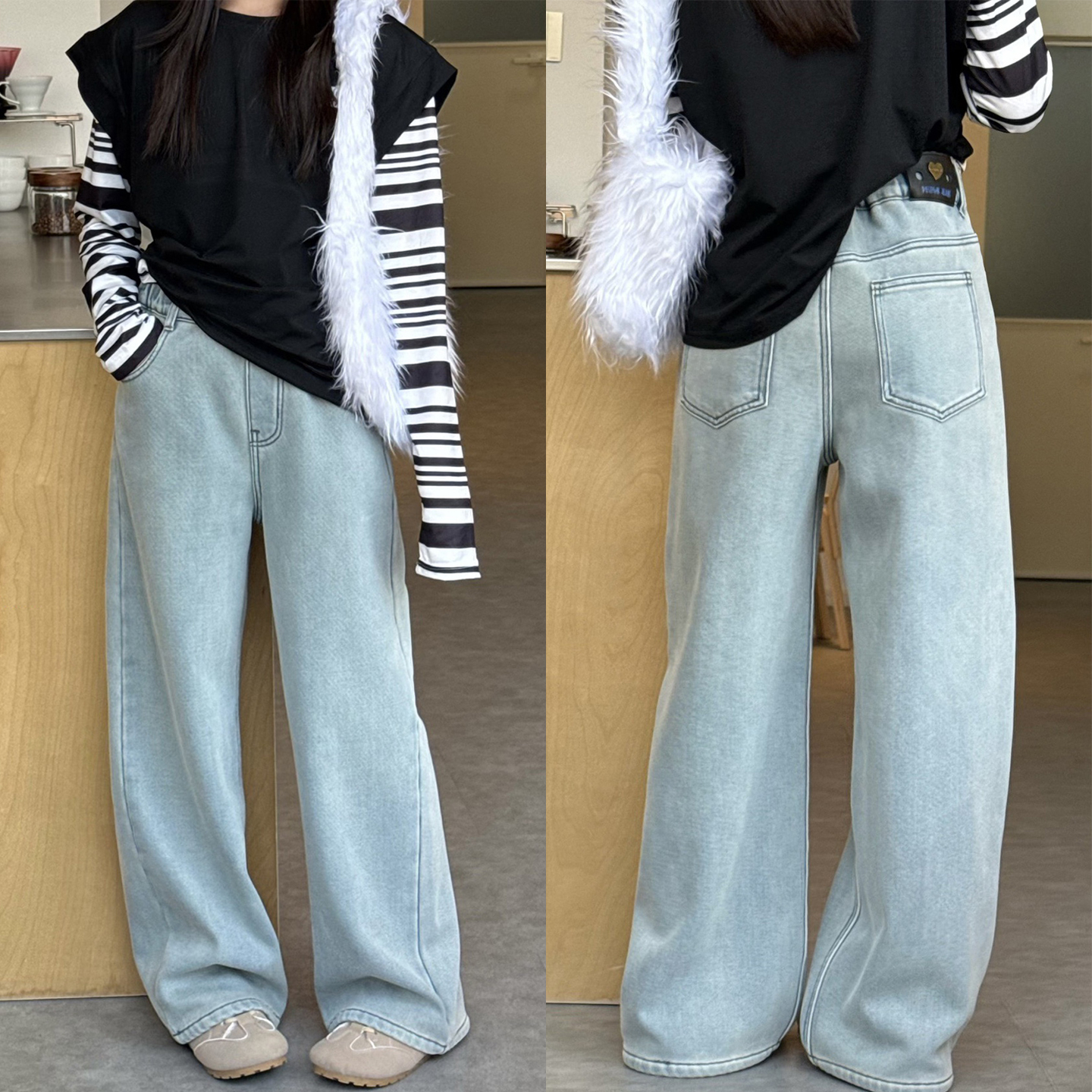 女童一体绒牛仔裤过冬直筒裤