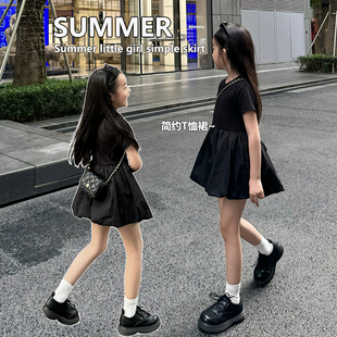 童装2026夏季新款裙子女童时髦纯色花苞小黑裙大童洋气短款连衣裙