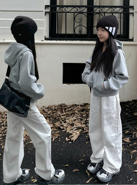 小众百搭灰色连帽卫衣女童短款拉链开衫外套春秋显瘦宽松运动长裤