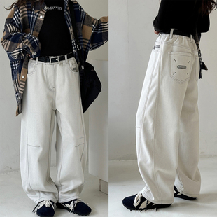 女童一体绒牛仔裤 新品 加绒宽松老爹裤 长裤 潮牌童装 男童装 2025冬装