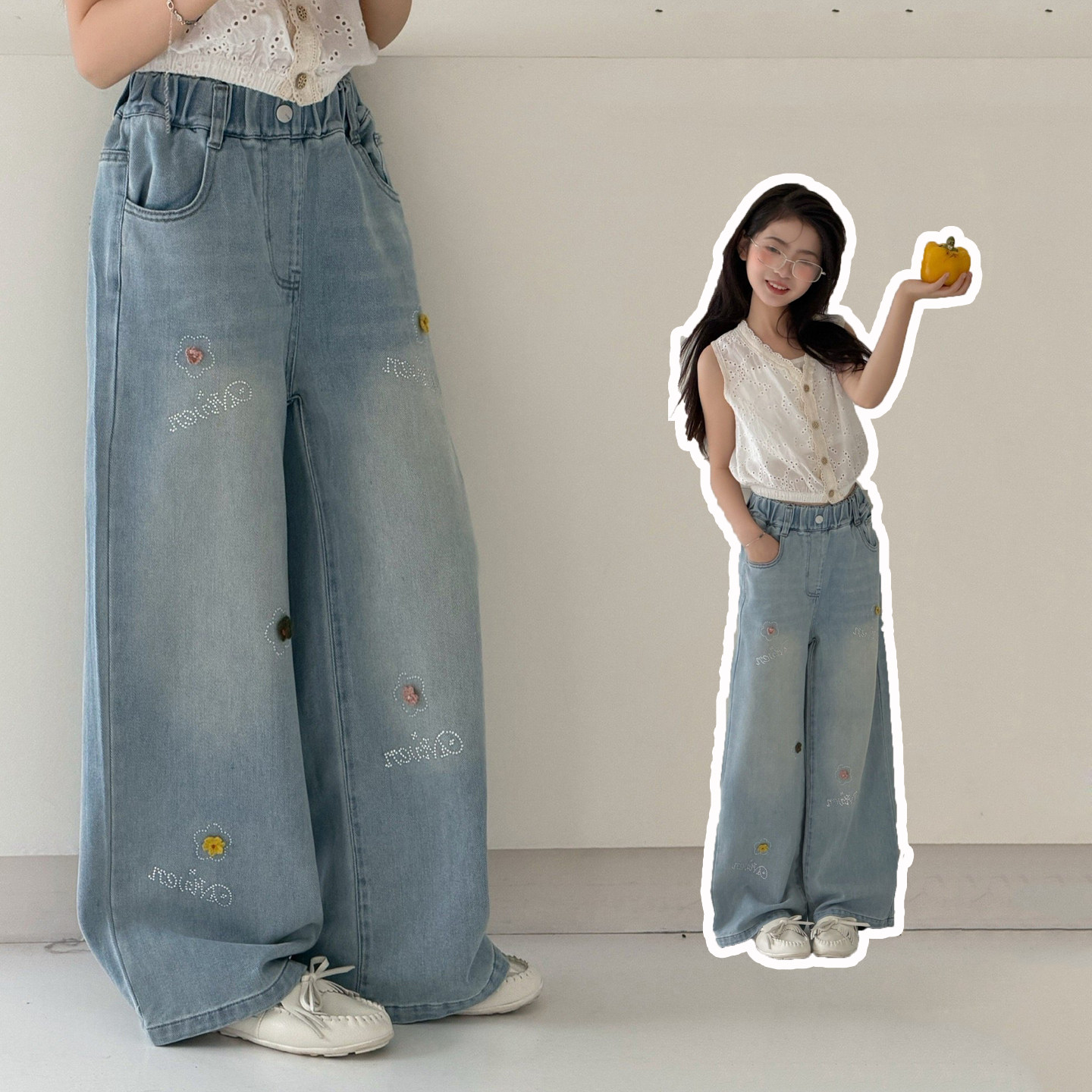 2026春装新款女童韩版时尚烫钻牛仔裤儿童休闲宽松阔腿裤子中大童,童装/婴儿装/亲子装,儿童牛仔裤,淘宝优惠券,粉丝福利购,淘宝优惠卷