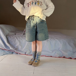 男女童复古毛边牛仔短裤26夏季新款儿童阔腿休闲中裤小个子五分裤