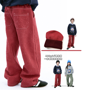 大童美式复古红宽松阔腿裤男女童秋冬加绒工装裤儿童一体绒休闲裤