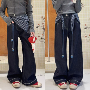 女童深蓝加绒微喇牛仔裤2025冬款中大童格子屁帘喇叭裤儿童装裤子