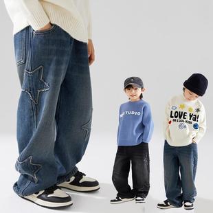 男童裤子春夏单裤牛仔裤儿童痞帅春装时髦直筒裤大童贴布星阔腿裤