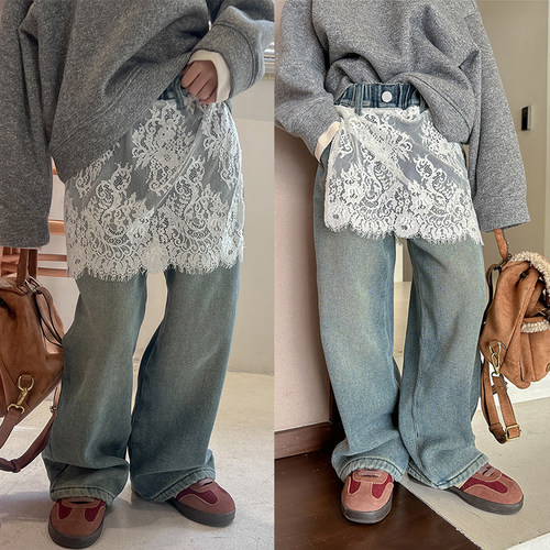 女童蕾丝拼接加绒牛仔裤