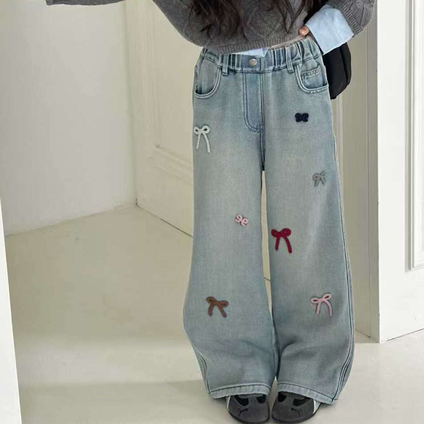 女童加绒牛仔裤洋气蝴蝶结裤子
