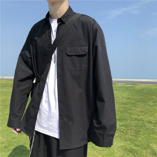 黑衬衫男生长袖宽松韩版潮流休闲痞帅气夏季薄款百搭短袖衬衣外套