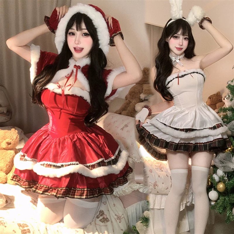 圣诞装红色丝绒冬季圣诞节日服饰cosplay女装派对舞台装毛绒制服