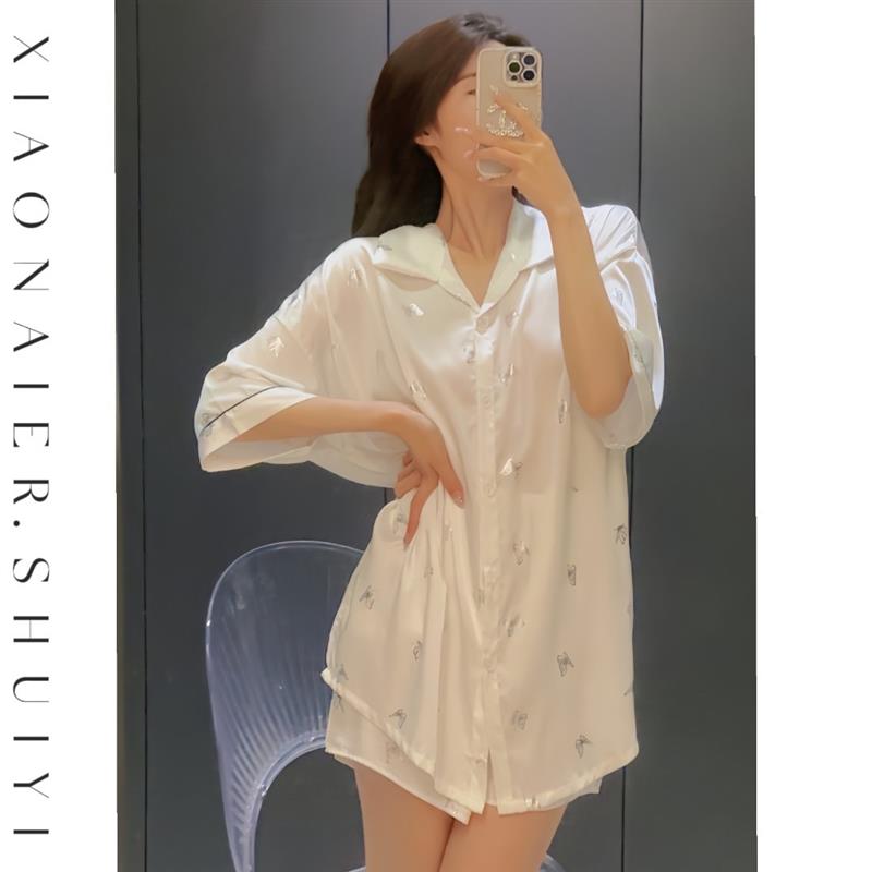 性感睡裙夏季女款2025新款冰丝薄款衬衫裙宽松纯欲睡衣家居服套装
