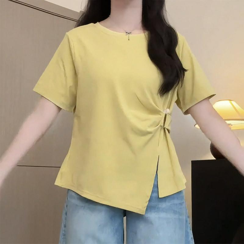 大码胖mm设计感别致不规则遮肚子开叉正肩短袖t恤女夏季显瘦上衣