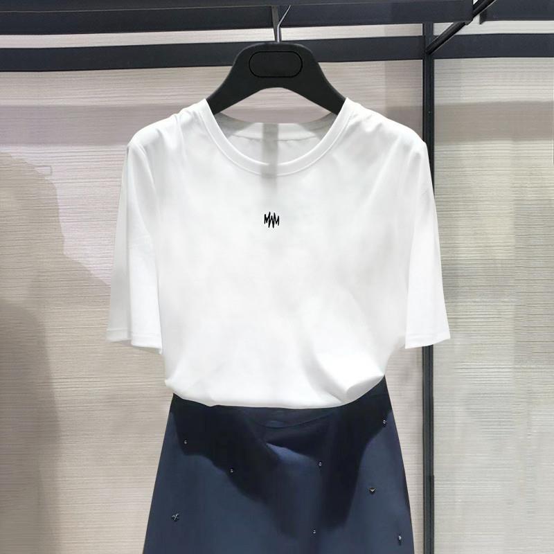 正品哥家新款2025年夏季宽松纯棉显瘦刺绣圆领白色短袖t恤上衣女