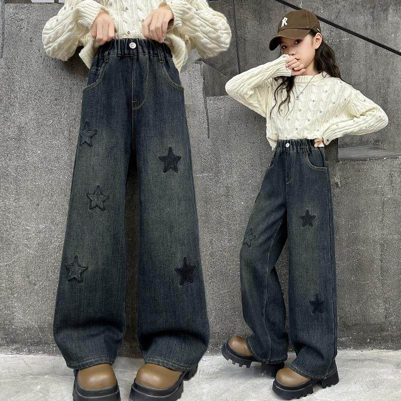 女童裤子秋冬装洋气儿童中大童宽松加绒加厚刺绣牛仔裤冬季阔腿裤,童装/婴儿装/亲子装,裤子,淘宝优惠券,粉丝福利购,淘宝优惠卷