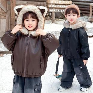 儿童加厚皮衣男童加绒防皮草外套秋冬季酷帅2025新款宝宝冬装棉袄