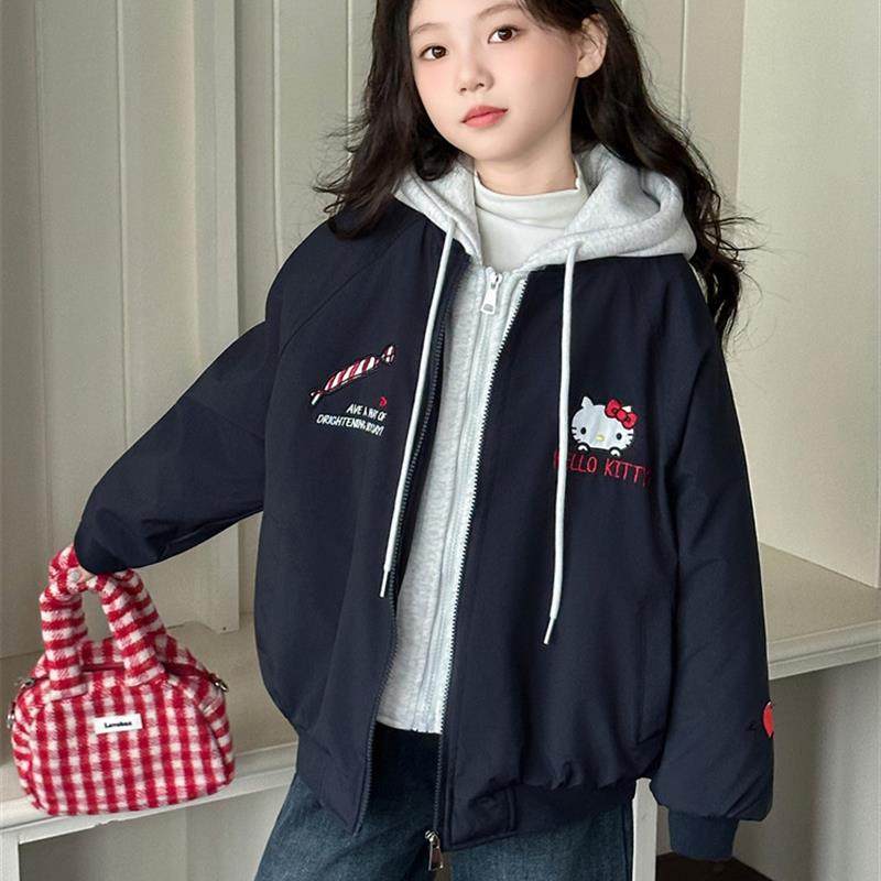 女童夹棉外套秋冬2025新款儿童假两件夹克女孩猫加厚连帽棒球服