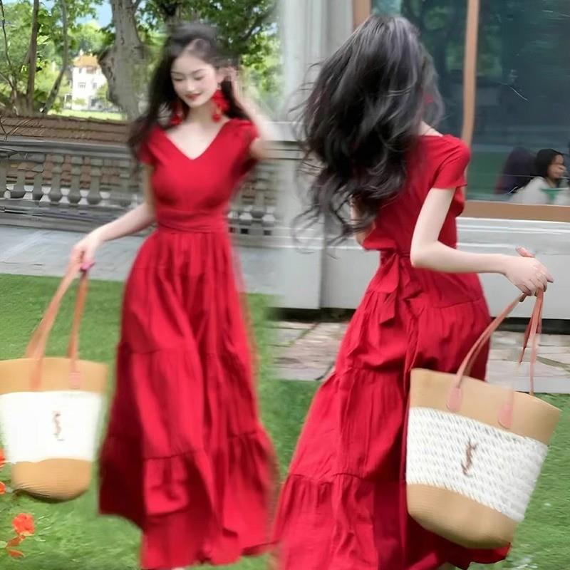 小个子巨好看红色连衣裙子女夏2025新款今年流行爆款掐腰气质长裙