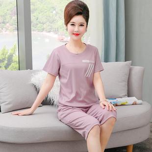 夏季 七分裤 妈妈睡衣薄款 纯棉短袖 中年女士圆领全棉大码 家居服套装