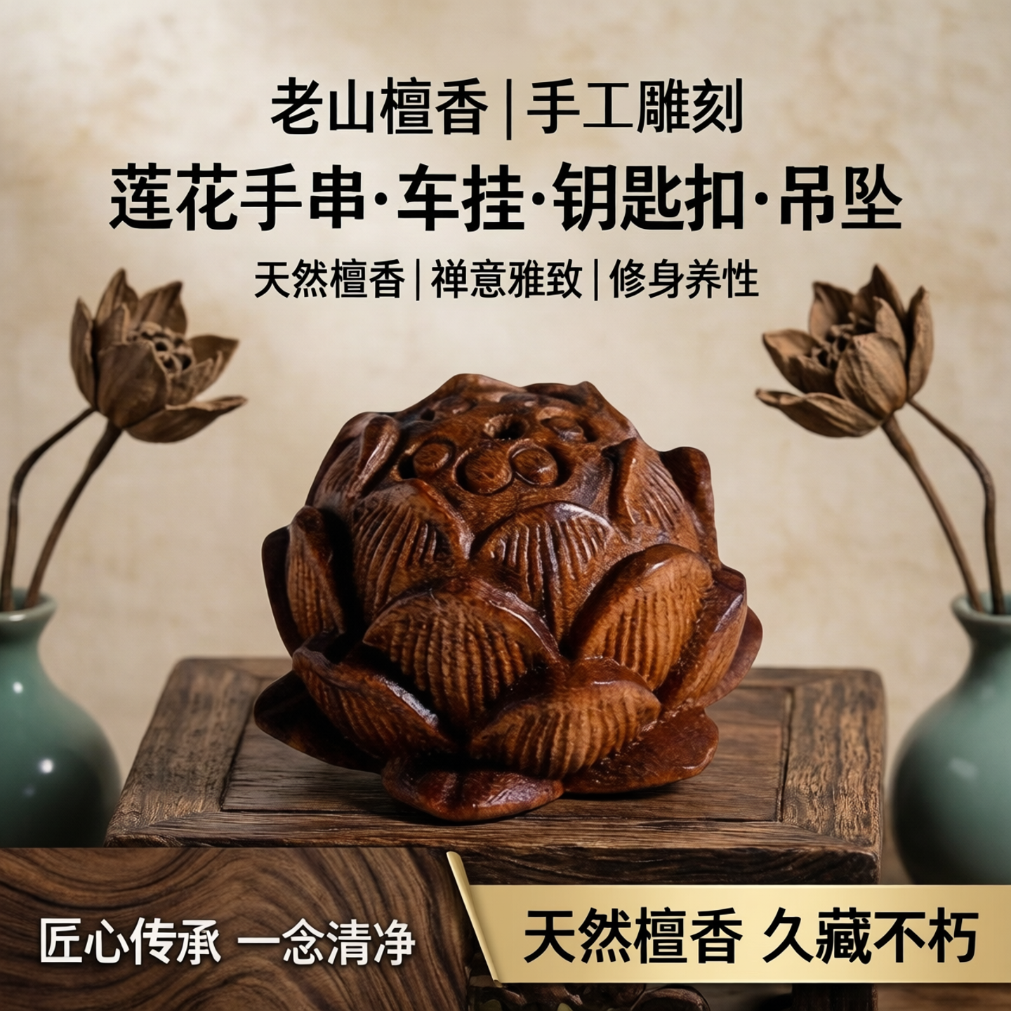 老山檀香莲花配件配饰手工雕刻莲花手串手链配饰车挂钥匙扣吊坠