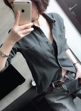 春季 新款欧美烟灰色帅气修身百搭显瘦职业气质休闲牛仔衬衫女