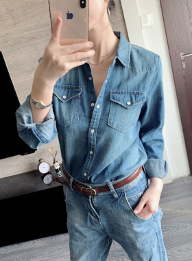 欧美春秋时尚磨破水洗纯棉牛仔衬衣女新款长袖百搭打底休闲衬衫潮