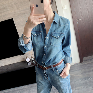 百搭打底休闲衬衫 长袖 潮 磨破水洗纯棉牛仔衬衣女新款 欧美春秋时尚
