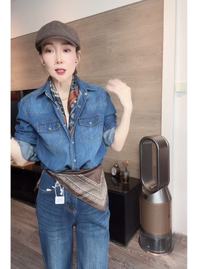 26春季新款深蓝复古牛仔衬衫女宽松百搭帅气休闲打底衬衣牛仔外套