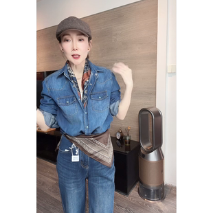 女宽松百搭帅气休闲打底衬衣牛仔外套 深蓝复古牛仔衬衫 26春季 新款