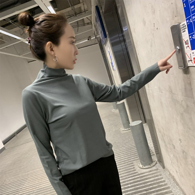 简约气质螺纹宽松加绒长袖T恤半高领打底衫女装2018新款保暖内搭