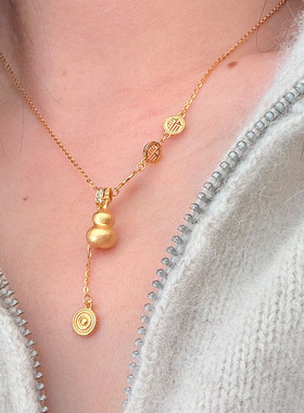 s925纯银磨砂葫芦福字镶钻项链女简约新中式福禄设计精致锁骨链