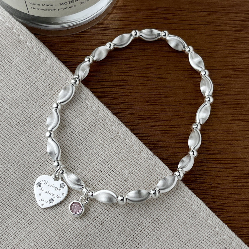韩版s925纯银镶钻爱心粉色猫眼珠手链女手工设计甜美气质银手饰