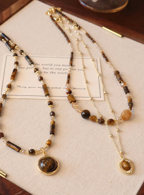 新款复古天然虎眼石串珠项链小众设计感两件套民族风高级感毛衣链