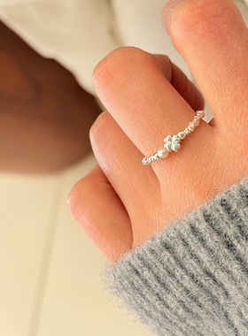 通体s925纯银爱心四叶草碎银子珍珠戒指女简约手工设计甜美指环