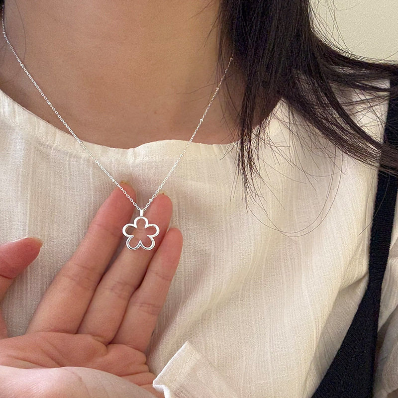韩版S925纯银镂空花朵项链女简约文艺甜美小清新气质百搭锁骨链