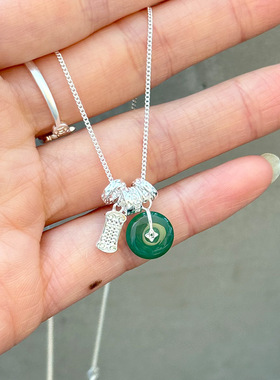 新款s925纯银算盘绿玉髓项链女简约新中式设计小众轻奢精致锁骨链