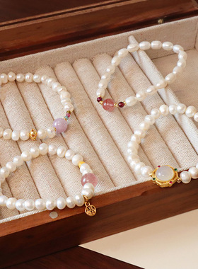 天然珍珠手链ins小众设计简约手饰气质简约草莓晶巴洛克珍珠手串
