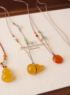 复古新中式天然黄玉髓葫芦项链平安扣百搭优雅奢华设计毛衣锁骨链