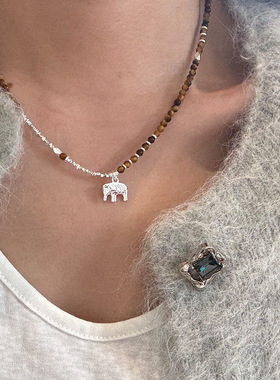 新款s925纯银碎银子大象虎眼石项链女简约民族风设计串珠锁骨链