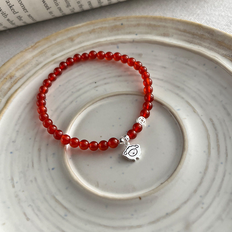 s925纯银小羊钱币红玛瑙手链女简约新中式设计百搭串珠手串手饰