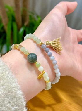 新中式天然楼兰三色和田玉双圈手链女简约福牌流苏双圈手串礼物