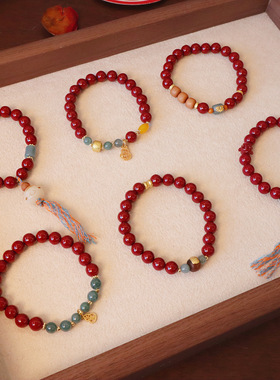 新中式朱砂手串女本命年天然蓝水翡翠葫芦手链福禄生财古风手饰