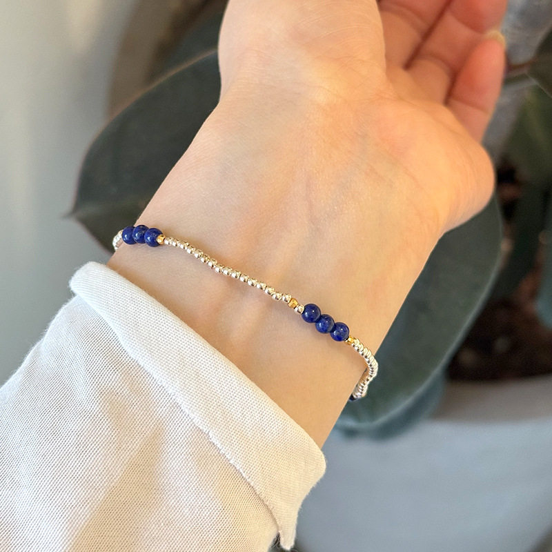 s925纯银2mm青金石圆珠手链女简约手工设计轻奢精致串珠手串手饰