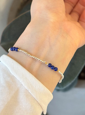 s925纯银2mm青金石圆珠手链女简约手工设计轻奢精致串珠手串手饰