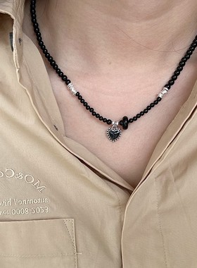 韩版s925纯银黑玛瑙爱心银圈项链女简约手工设计时髦串珠锁骨链