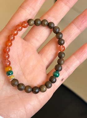 s925纯银加里曼丹沉香木串珠手链女简约手工弹力绳款设计文玩手串